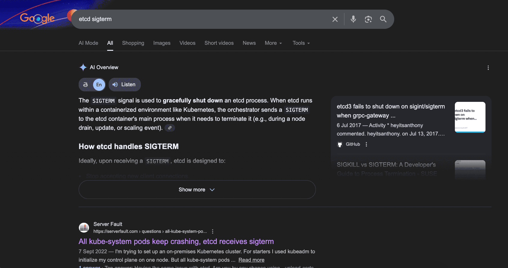 A screenshot of a google search of "etcd sigterm". The first result is a question on ServerFault titled "All kube-system pods keep crashing, etcd receives sigterm"